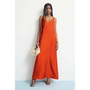 ROHE Orange 100% Silk V-Neck Low Back Maxi Slip Dress Size 42 415-33-056